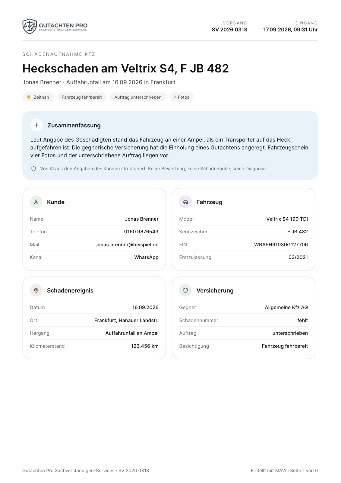 Erste Seite einer MAVI Übersicht mit Kopfdaten, Zusammenfassung und Fotos
