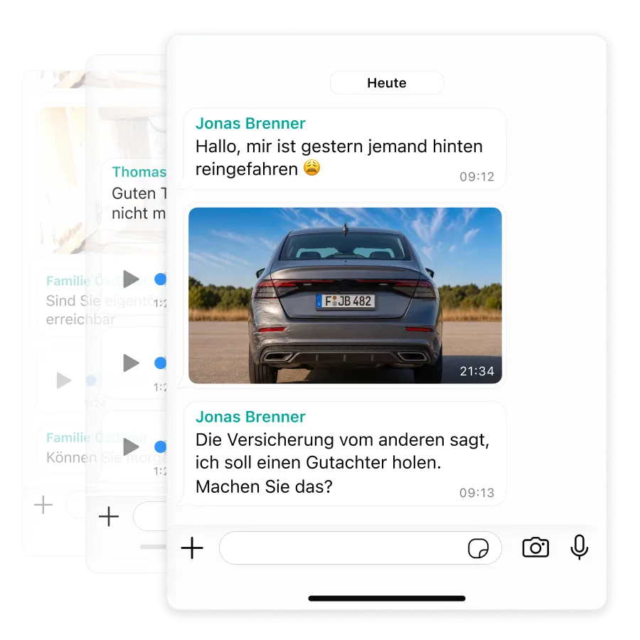 Messenger Chat mit einer unvollständigen Anfrage an ein Sachverständigenbüro: Heckfoto eines Autos und die Bitte um einen Gutachter