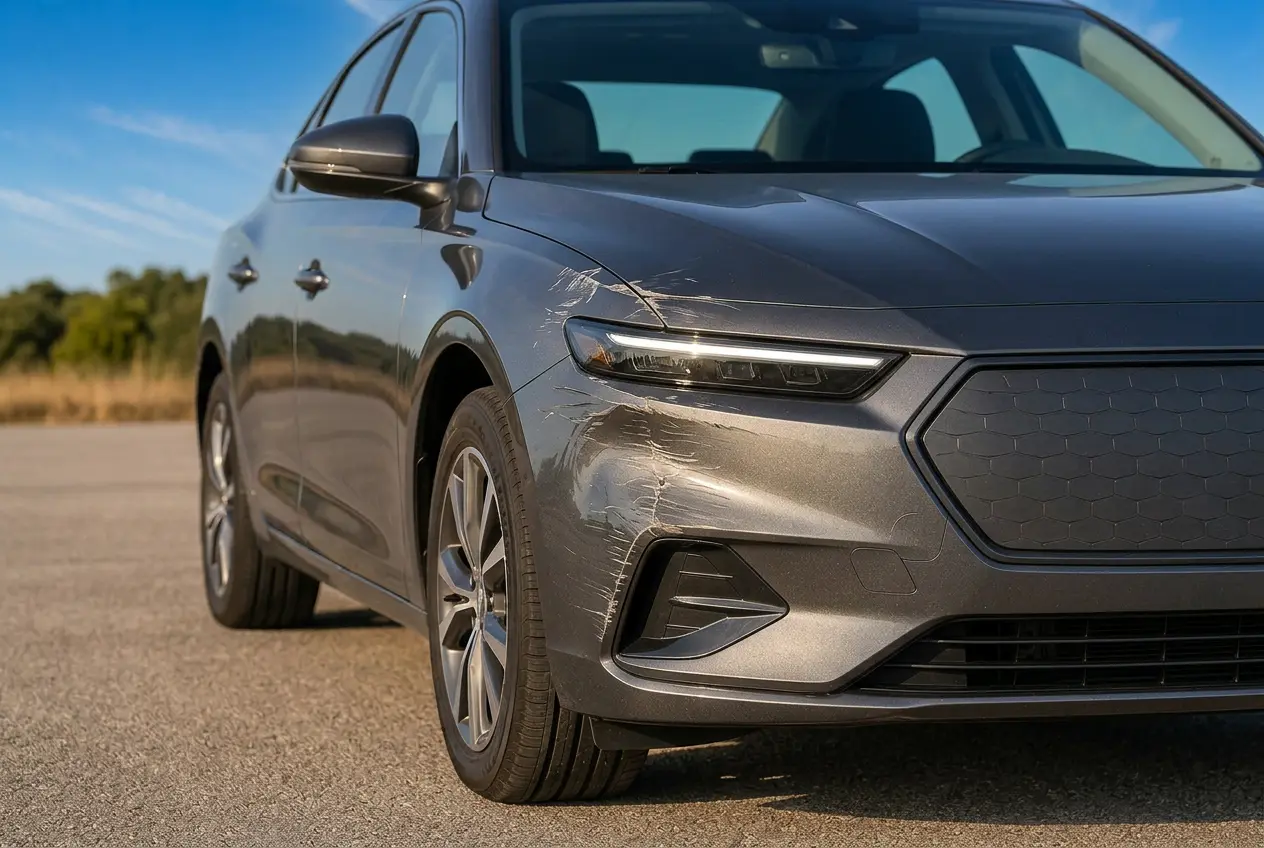 Front eines Autos mit Kratzern an der Stoßstange